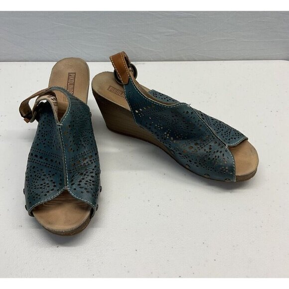 Pikolinos Women's Green Leather Cutout Slingback Wedge Sandals Size 41 US‎ 10.5 - Picture 1 of 9